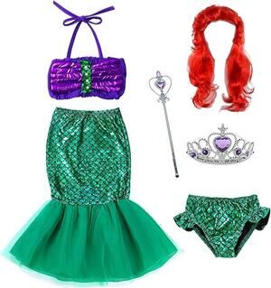Green Mermaid Little girls  Princess Swimwear dress costume wig Wand 1.5-2 Age